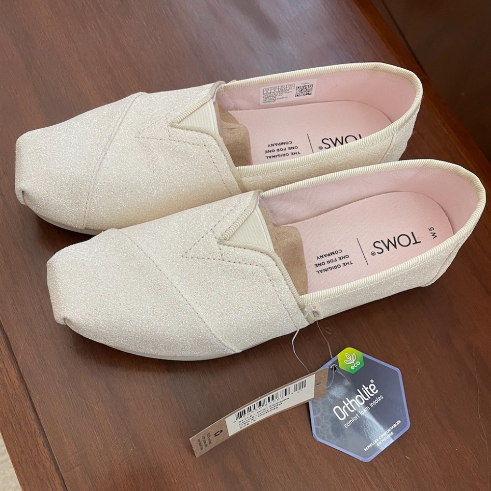TOMS Alpargata Ivory Glitter Shoe Womens Size 5 Youth Size 3 EU 35.5 8.7in 22cm
